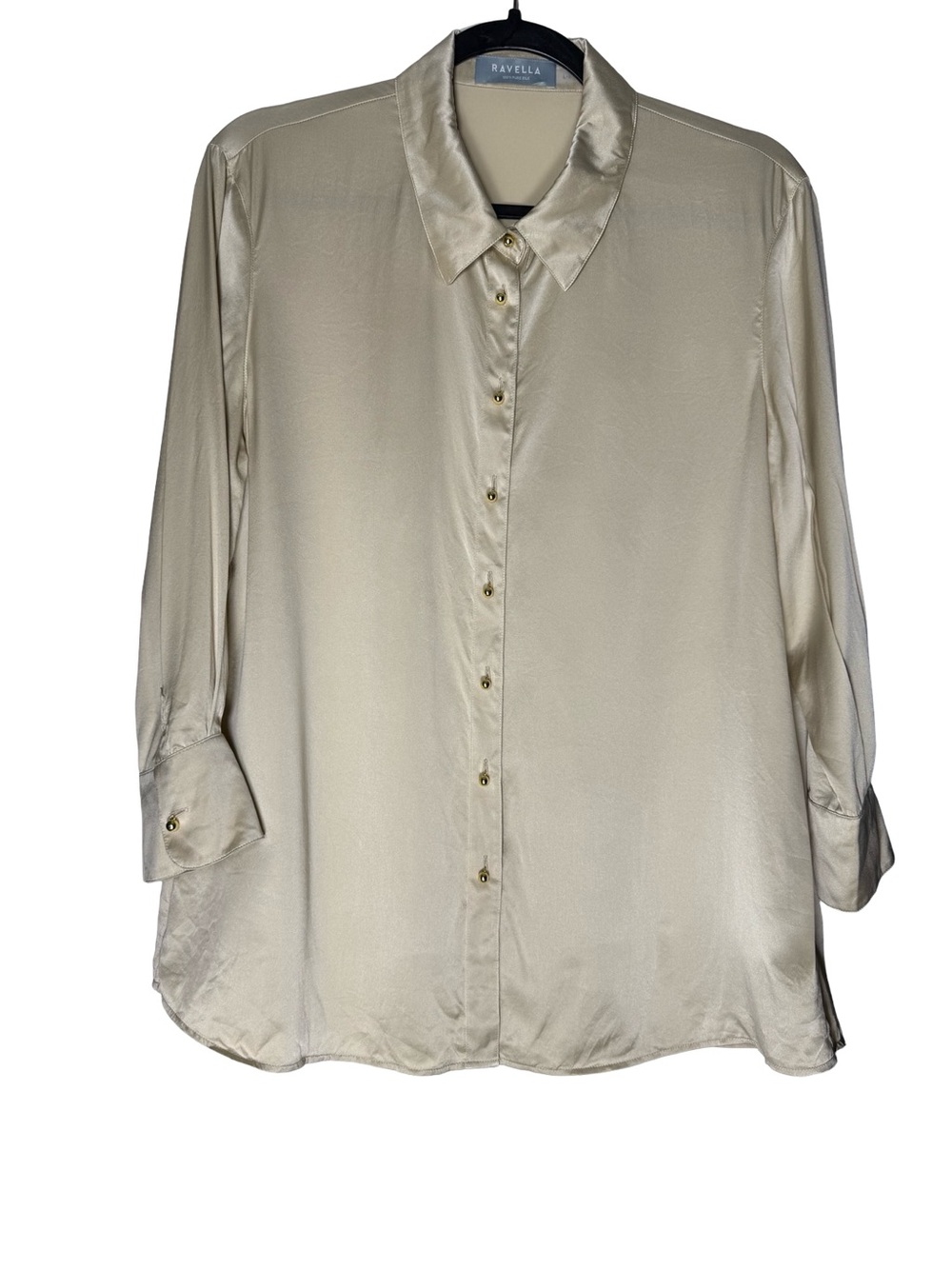 Ravella Button Blouse Sz Large 100% Pure Silk Champagne Quiet Luxury Minimalist